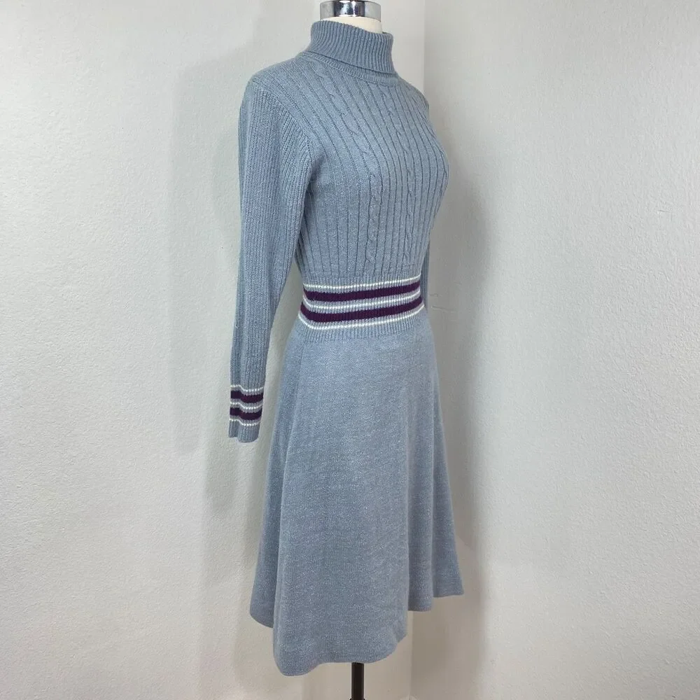 Vintage Gray Knit A-Line Knee Length Dress Med Turtleneck Long Sleeves Academia